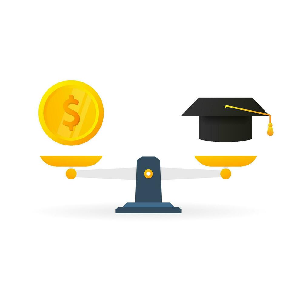 Education vs money on scales icon. Money and time balance on scale vector