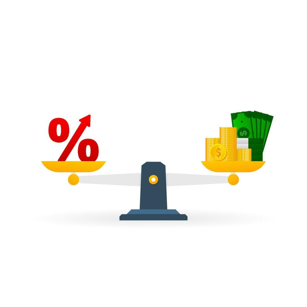 por ciento y dinero escamas icono. salario y beneficio equilibrar concepto. plano vector ilustración