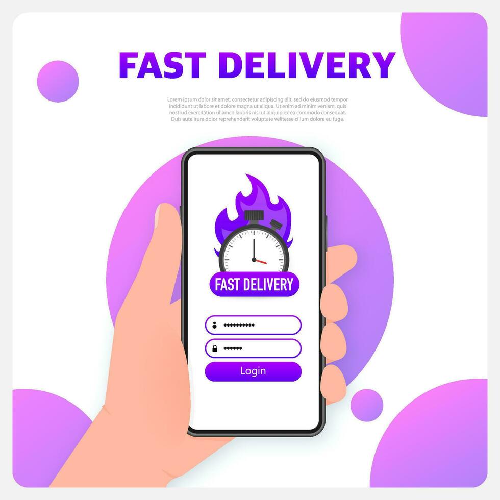 Express delivery service badge. woth smartphone. Fast time delivery order with car on white background. Vector illustration