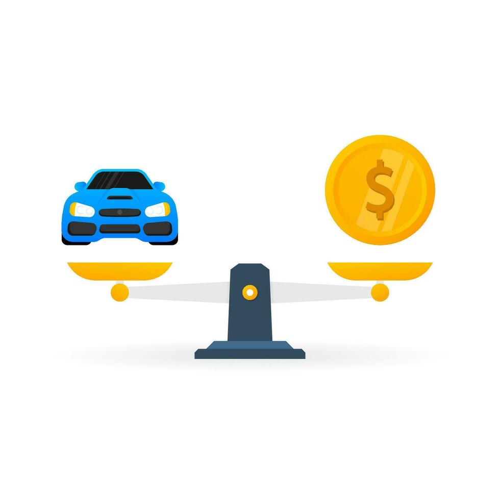 Money car scales in flat style on gold background. Flat vector illustration