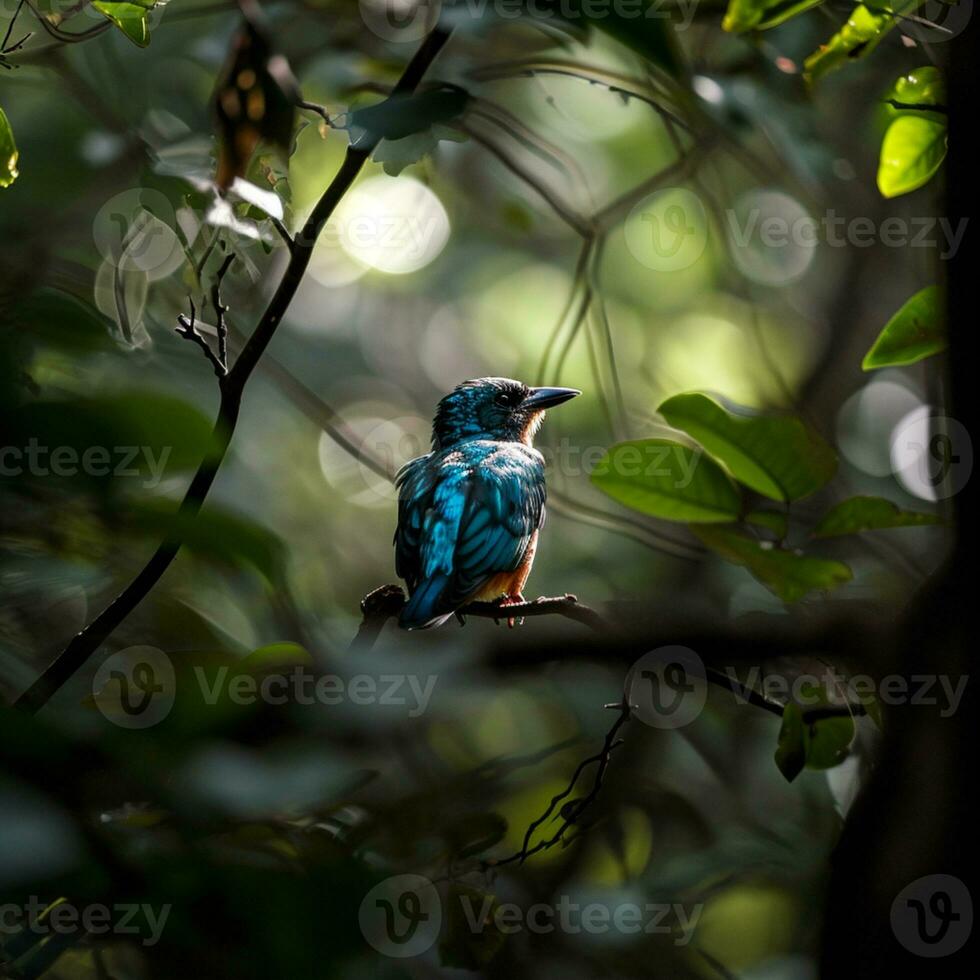 AI generated photograph of a beautiful colorful bird in the Amazon rainforest in Brazil photo