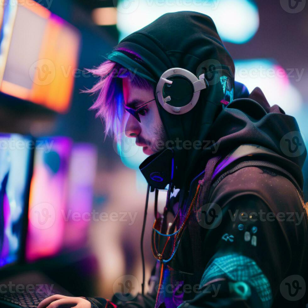 AI generated young cyberpack playing in a games room photo