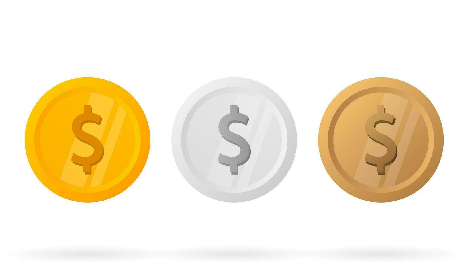 Three realistic coins on a white background. Business concept. Gold, silver and bronze. Vector illustration.
