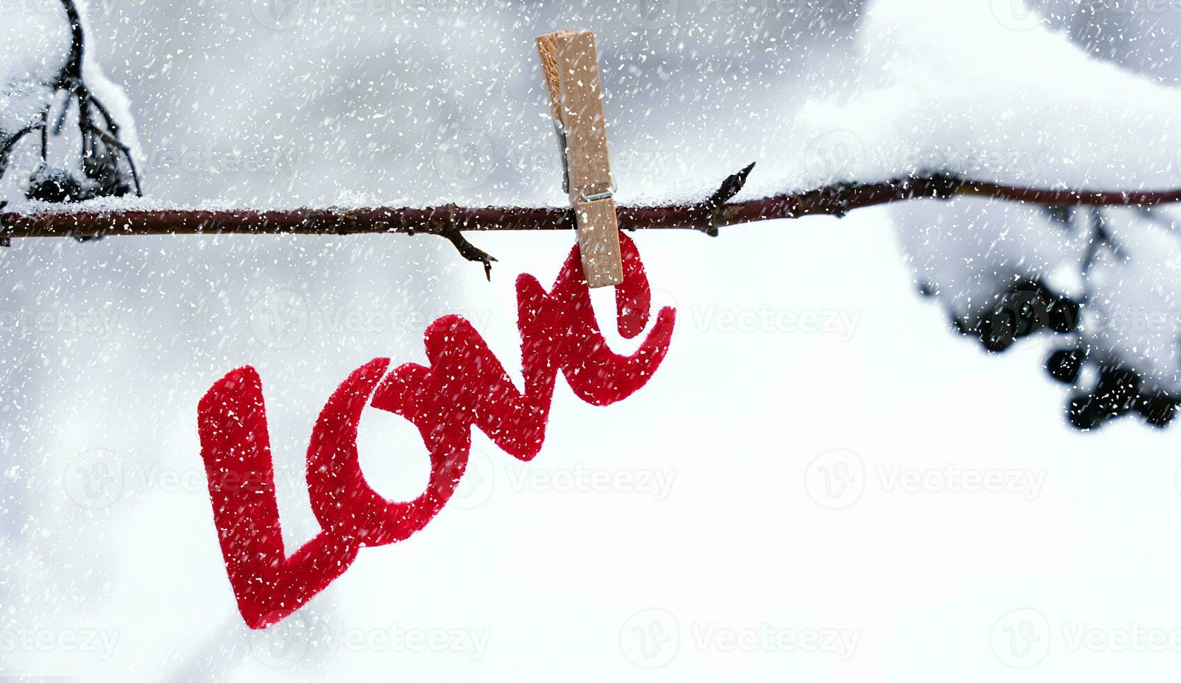 Love message hanging on snowy branch. Concept for Valentine's Day. Banner. Close-up. Selective focus. photo