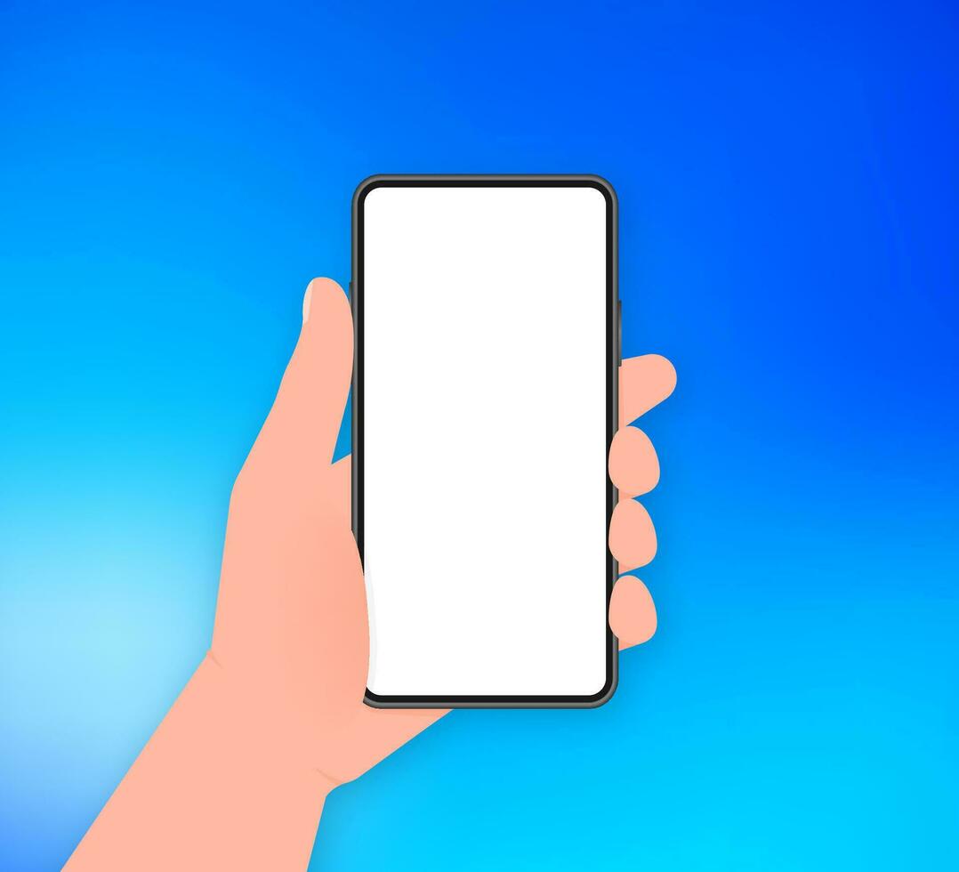 Hand holds phone with blue screen. Phone on white background. Vector illustration.