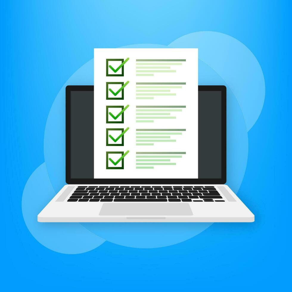 Laptop with online exam on green background. Vector illustration.