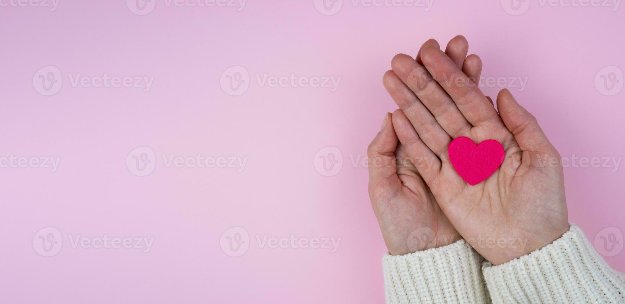 Woman's hands hold a pink heart on a pink background.Valentine's Day composition. Banner. Place for text. Top view. Selective focus. photo