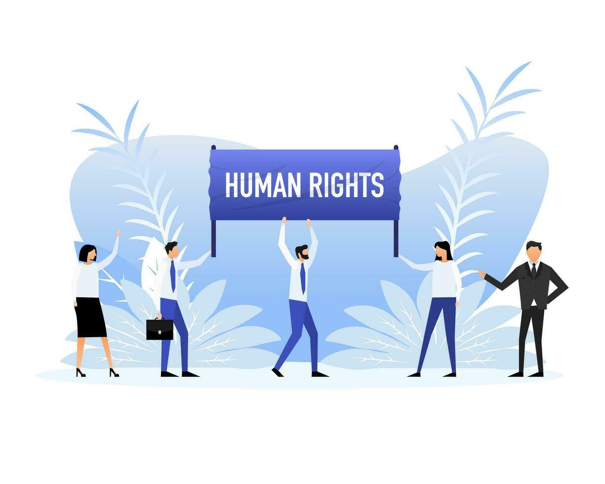 People holding a poster with text Human rights. Vector illustration.