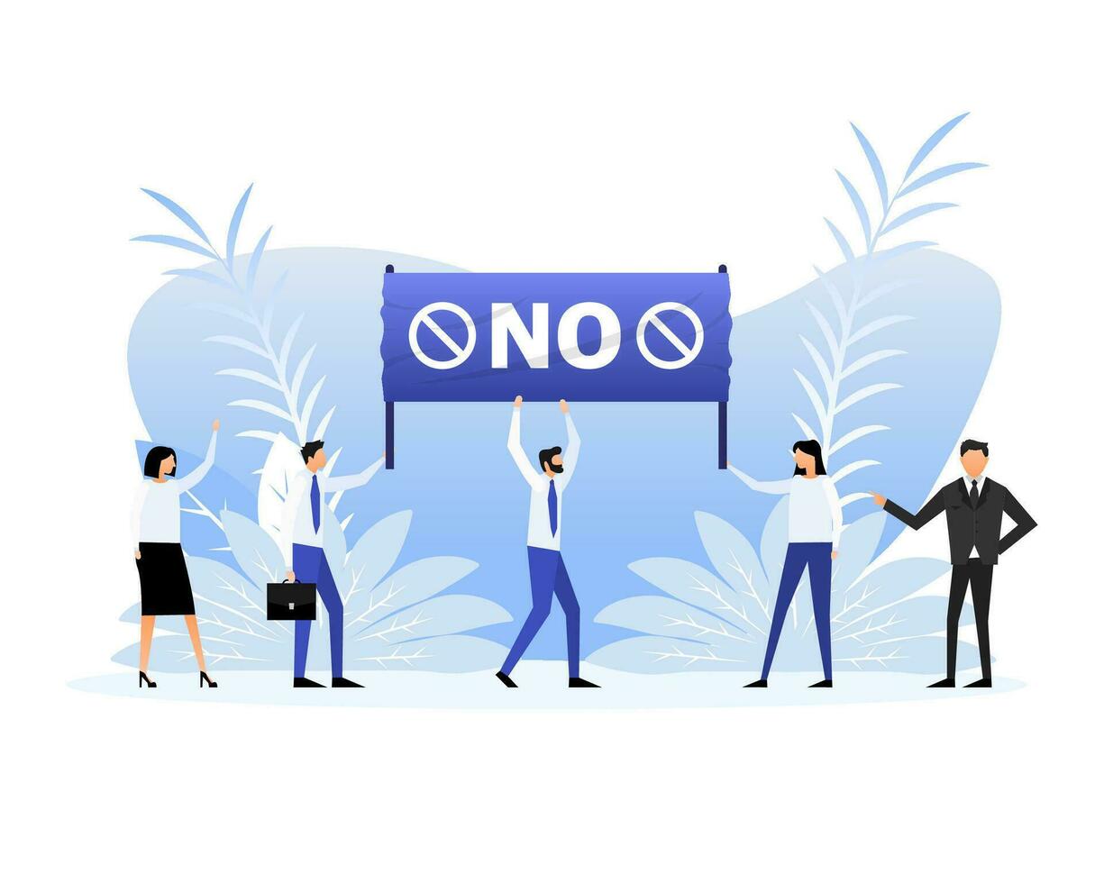 People holding a poster with text No, protest. Vector illustration.