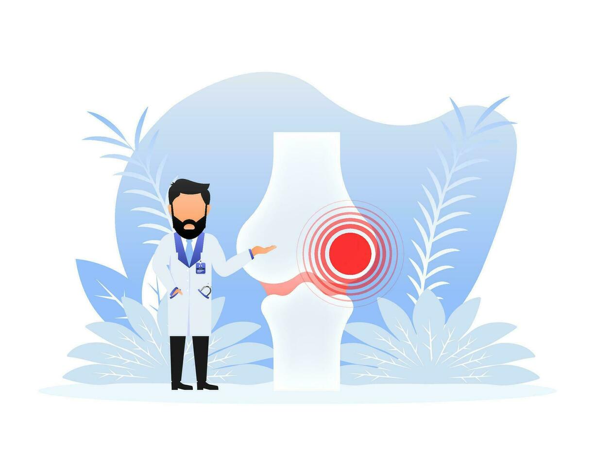 Infographic with joint pain. Human knee bone joint line icon vector
