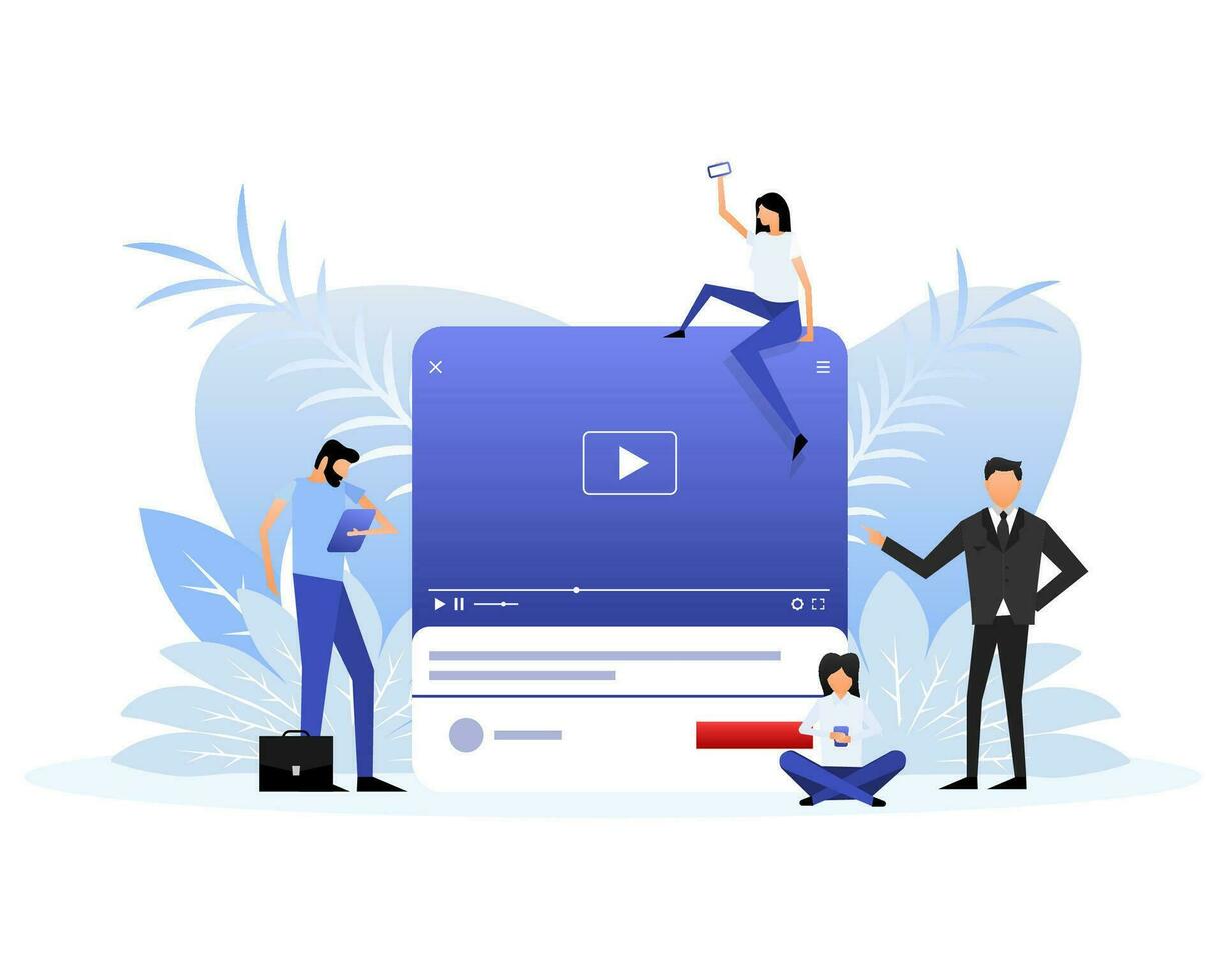 Video play people. Cartoon vector illustration. Social media flat icon