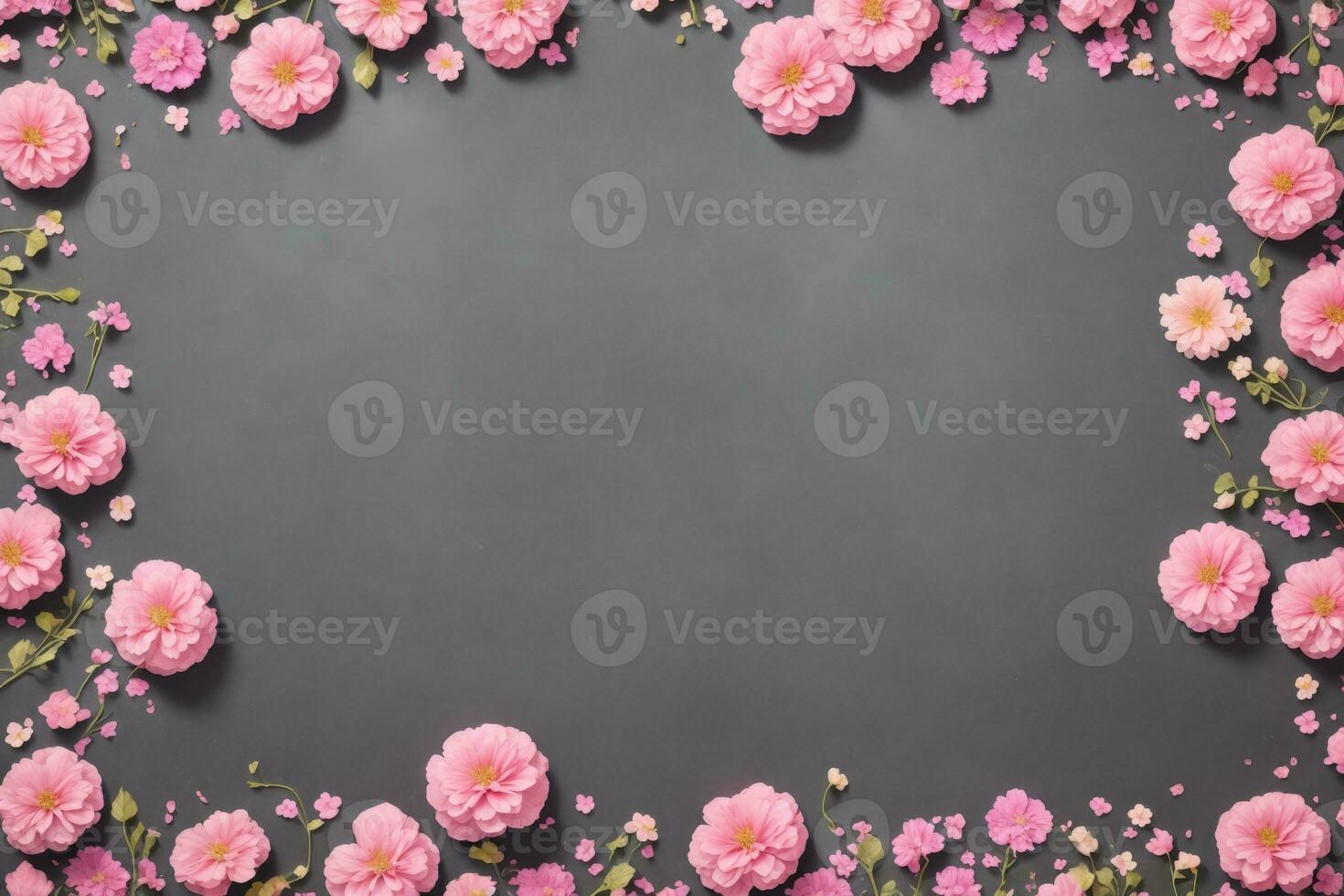 AI generated Background with pink flowers on grey slate texture. Top view, copy space. photo