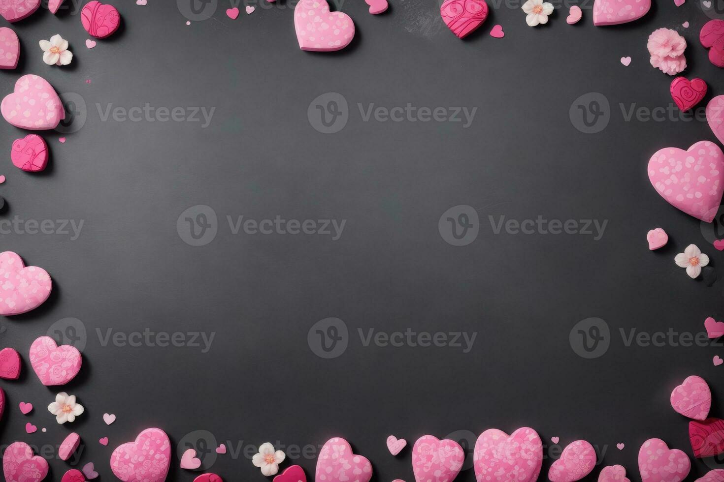 AI generated Valentine's Day background with pink hearts on grey slate texture. Top view, copy space. photo