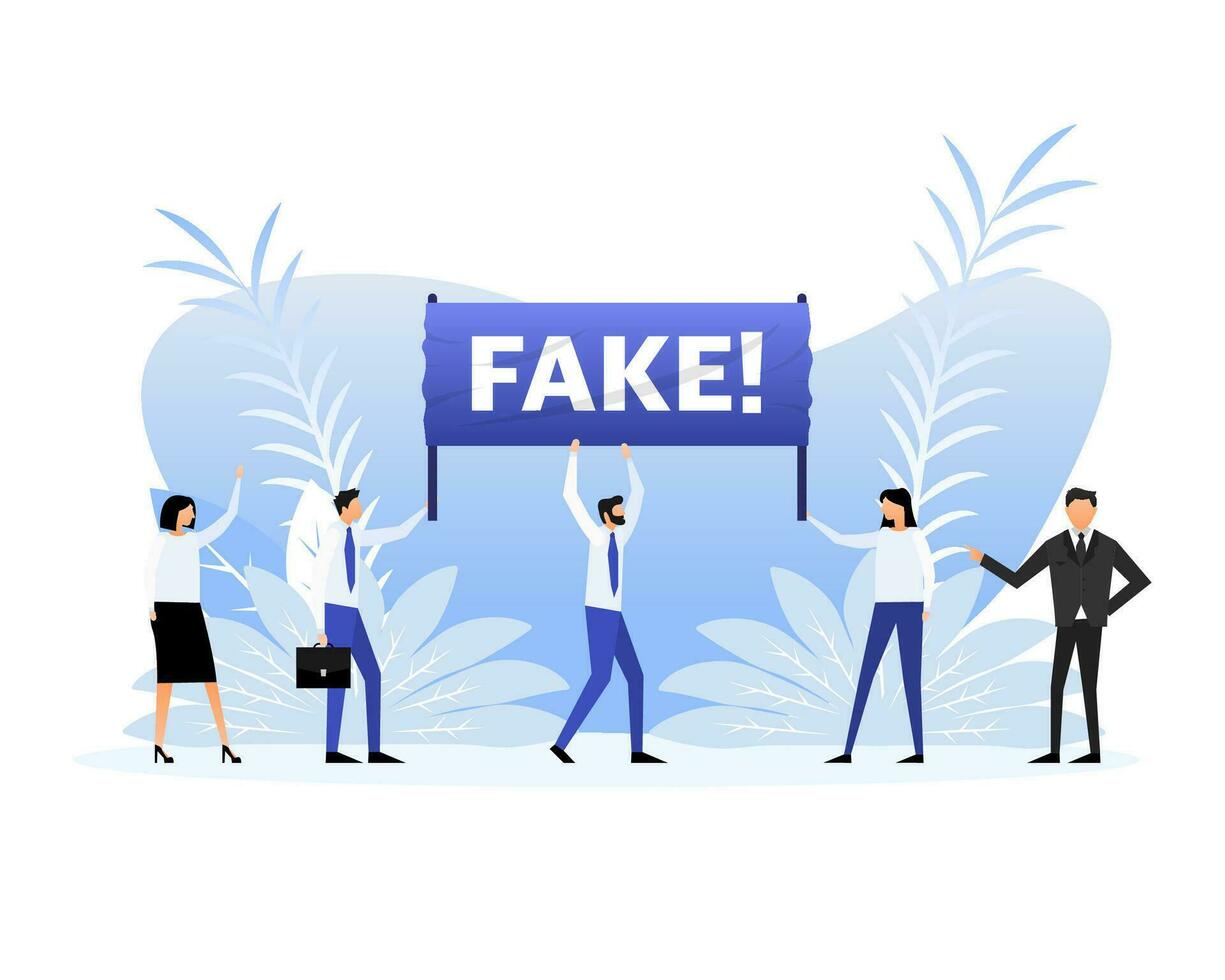 People holding a poster with text Fake. Vector illustration.