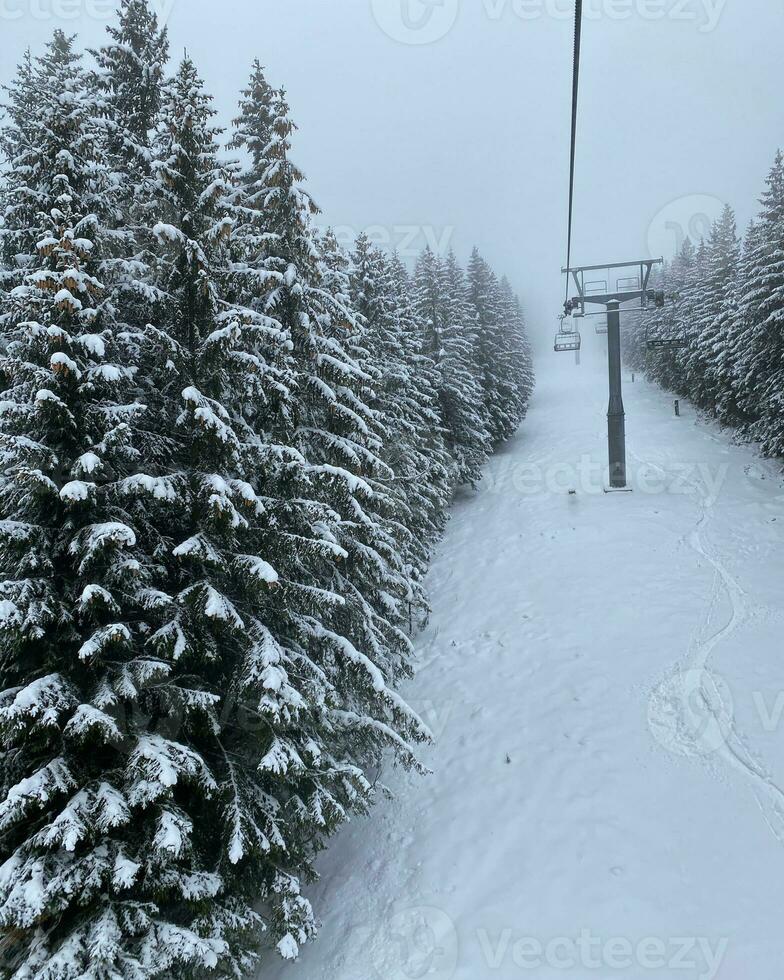 invierno paisaje con Nevado montañas y arboles increíble invierno antecedentes foto