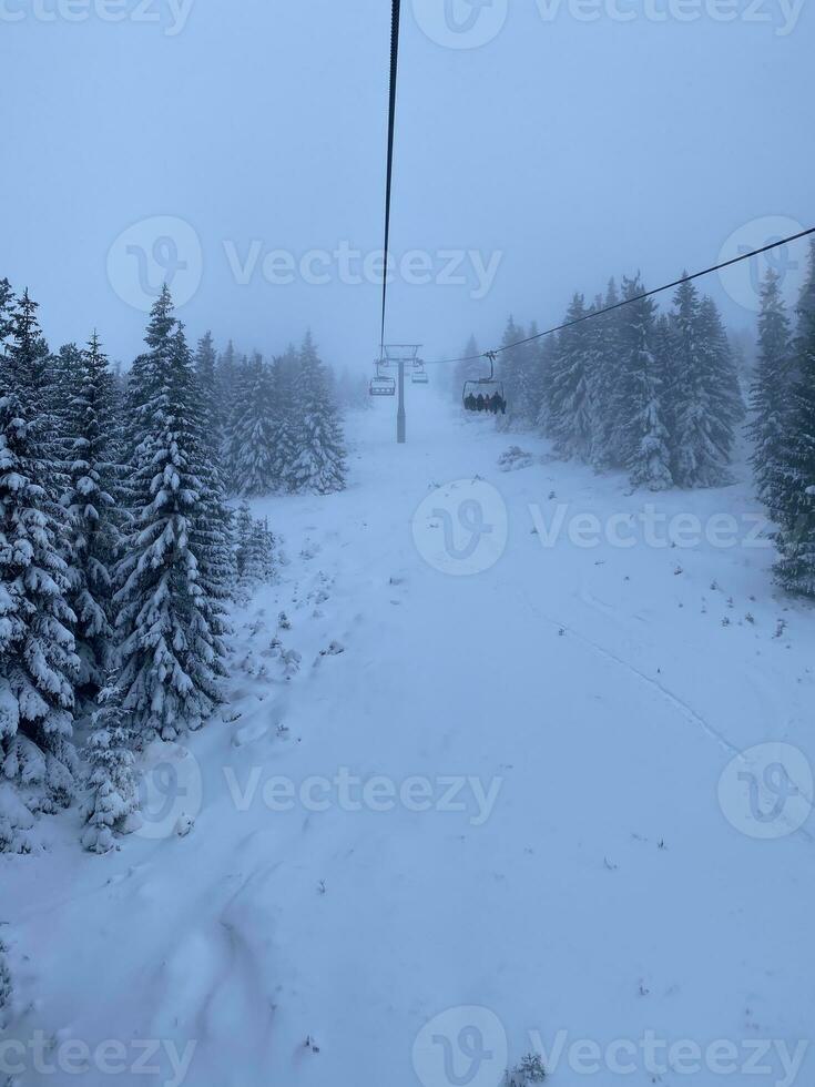 winter landscape with snowy mountains and trees Amazing winter background photo