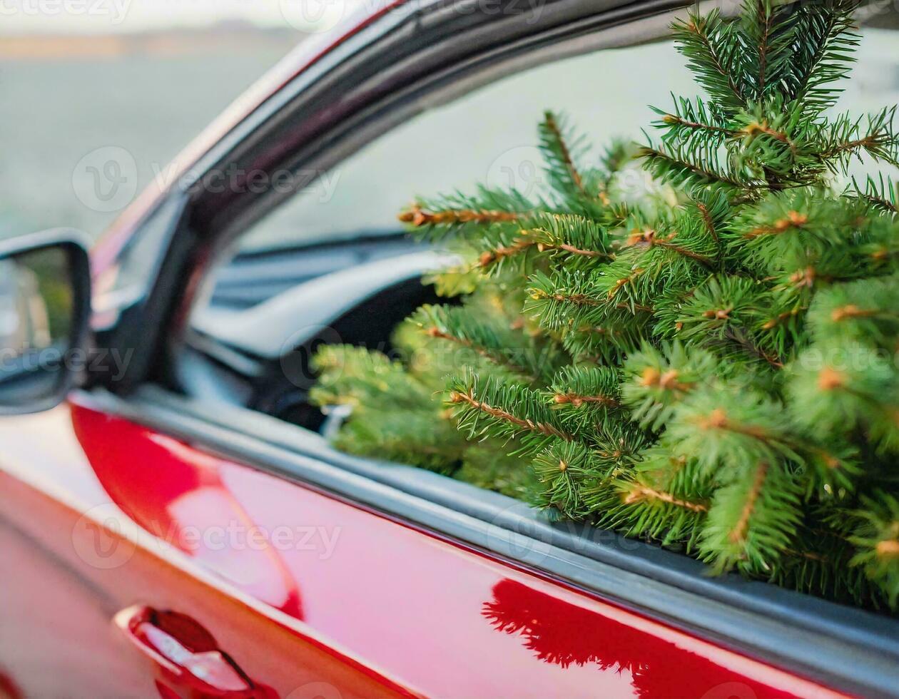 Christmas background with snow and red car christmas tree photo