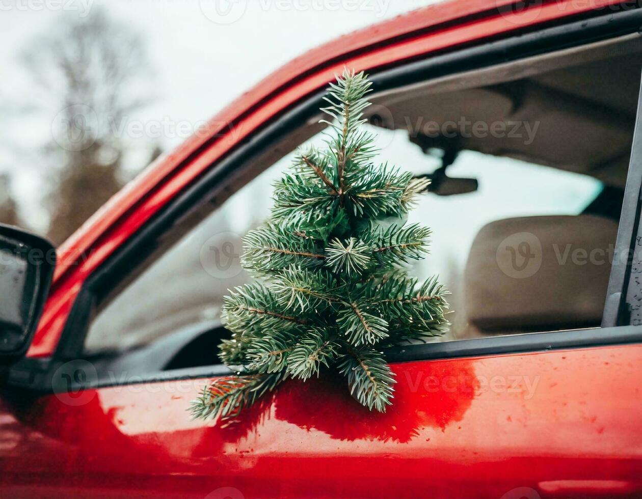 Christmas background with snow and red car christmas tree photo