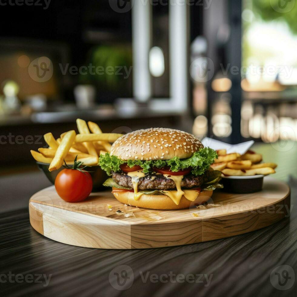 AI generated Hamburgers and French fries on the wooden tray. photo