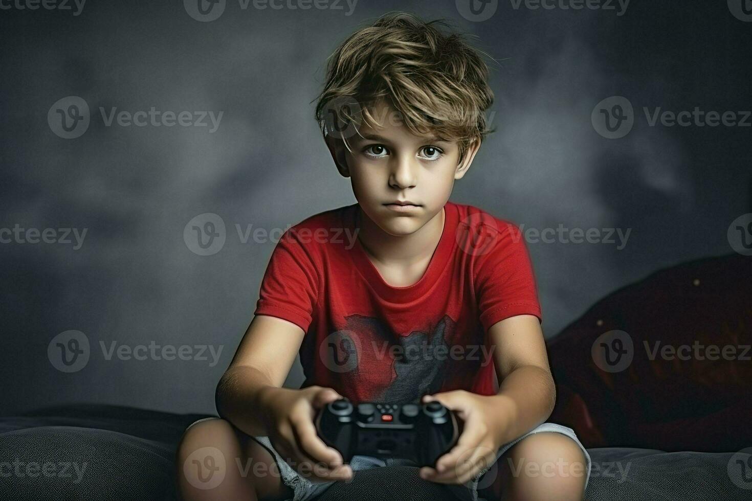 ai generado retrato de contento chico participación gamepad en gris antecedentes. foto