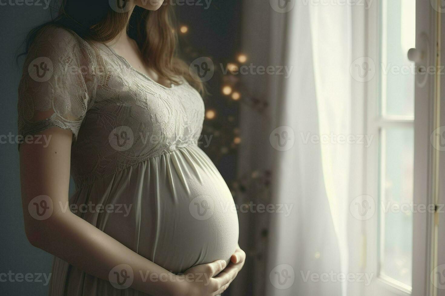 AI generated Young calm pregnant woman stand near window , stay at home, flat rest relax spend free spare time photo