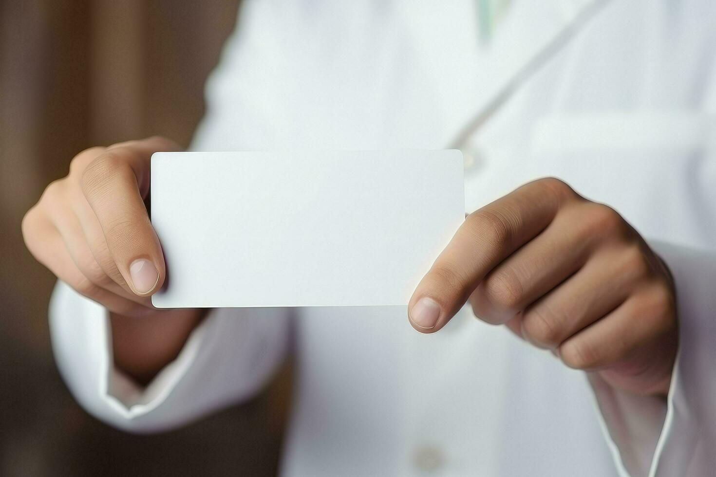 AI generated Man doctor hand holds empty white card with mockup photo