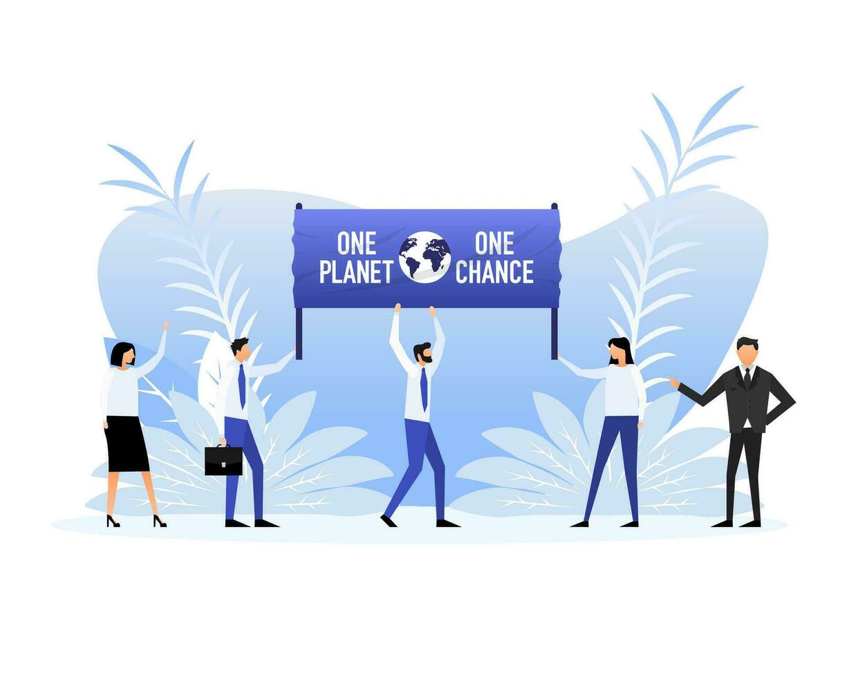 People holding a poster with text one planet one change. Vector illustration.