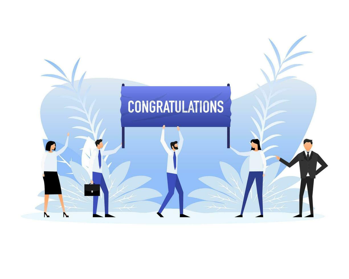 People holding a poster with text Congratulations. Vector illustration.
