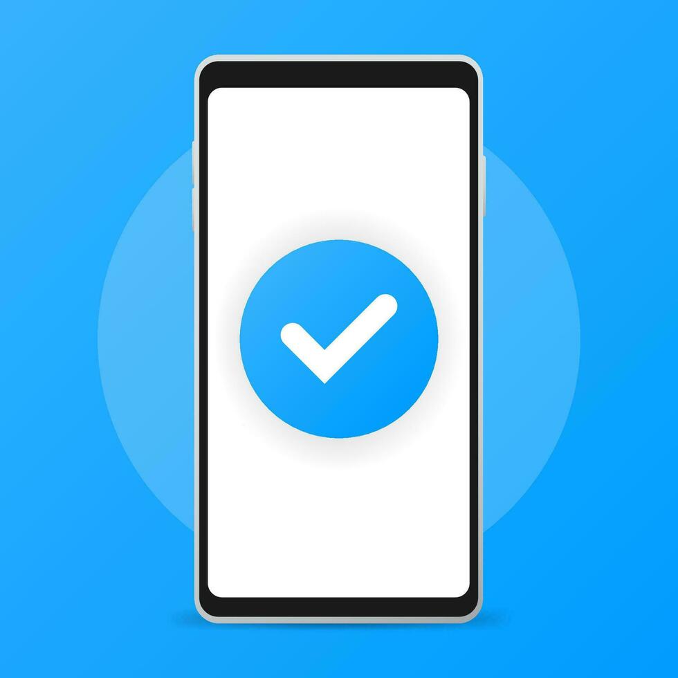 Smartphone and checkmark, flat cartoon mobile phone approved tick notification. Vector illustration