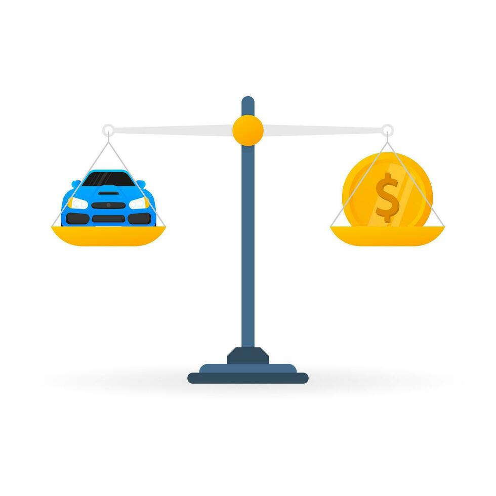 Money car scales in flat style on gold background. Flat vector illustration