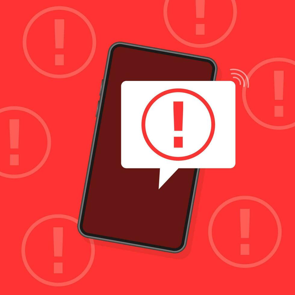Smartphone with danger sign on screen on red background. Vector illustration.