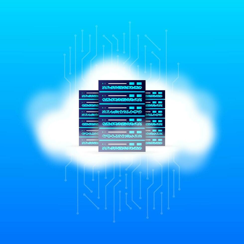 Data base, cloud. Network servers computer hardware technology decorative elements. Vector illustration