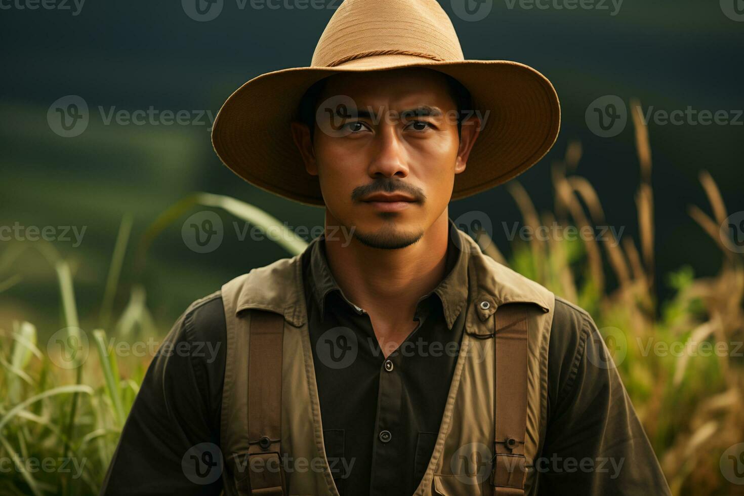 AI generated asian young man with backpack and hut outdoor against the blurred natural grassy background photo