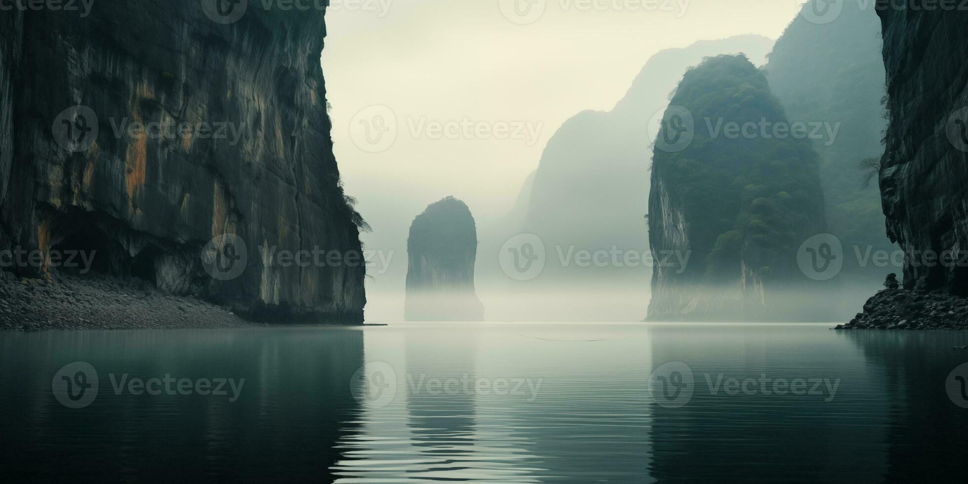 AI generated aerial predawn view of the tropical coast with karst limestone islets and cliffs in morning fog photo