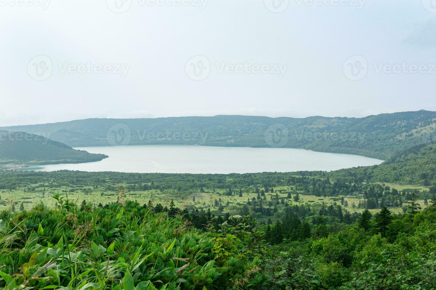 natural landscape of Kunashir island, view of the Golovnin volcano caldera with hot lakes photo