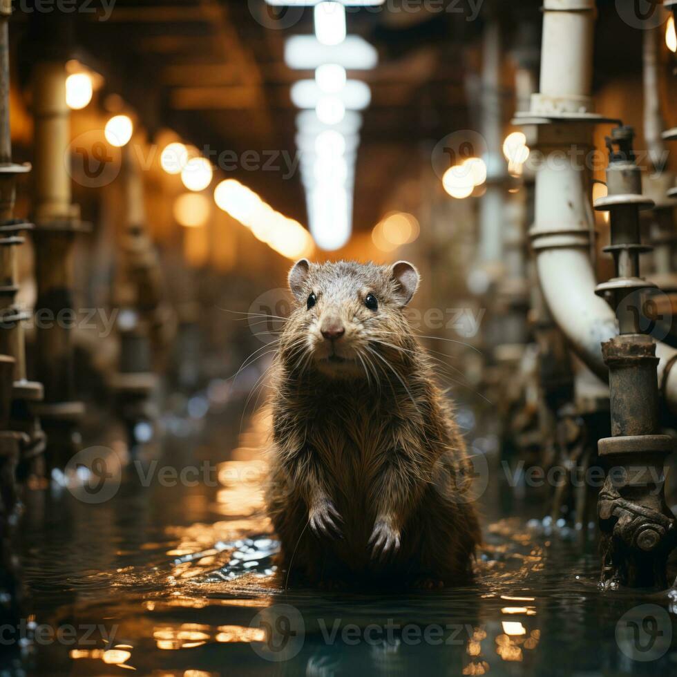 AI generated wet brown rat among the pipelines in flooded basement photo