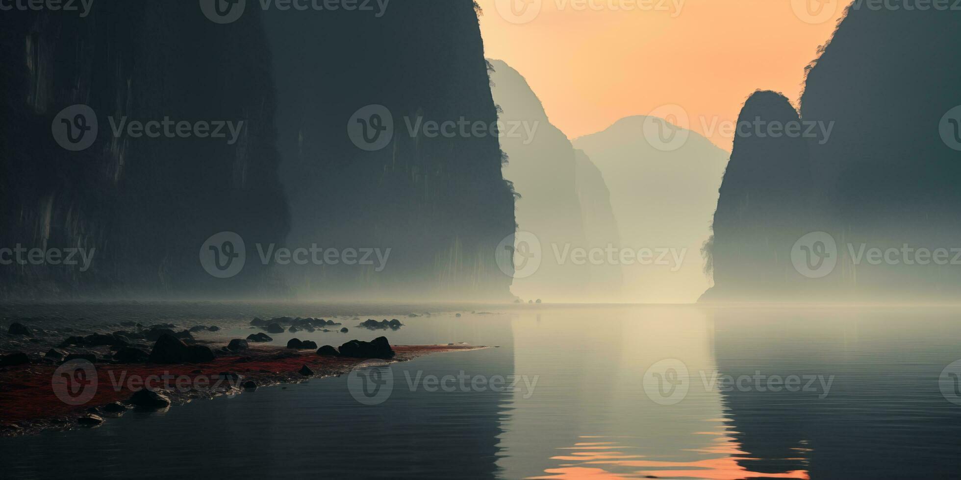 AI generated tropical coast with rocky cliffs in a predawn mist photo