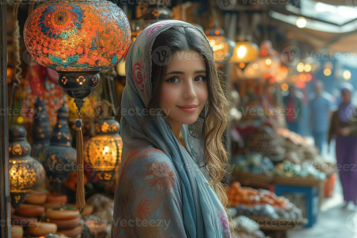 AI generated portrait of a girl in a headscarf against the backdrop of an oriental bazaar with a lantern shop photo