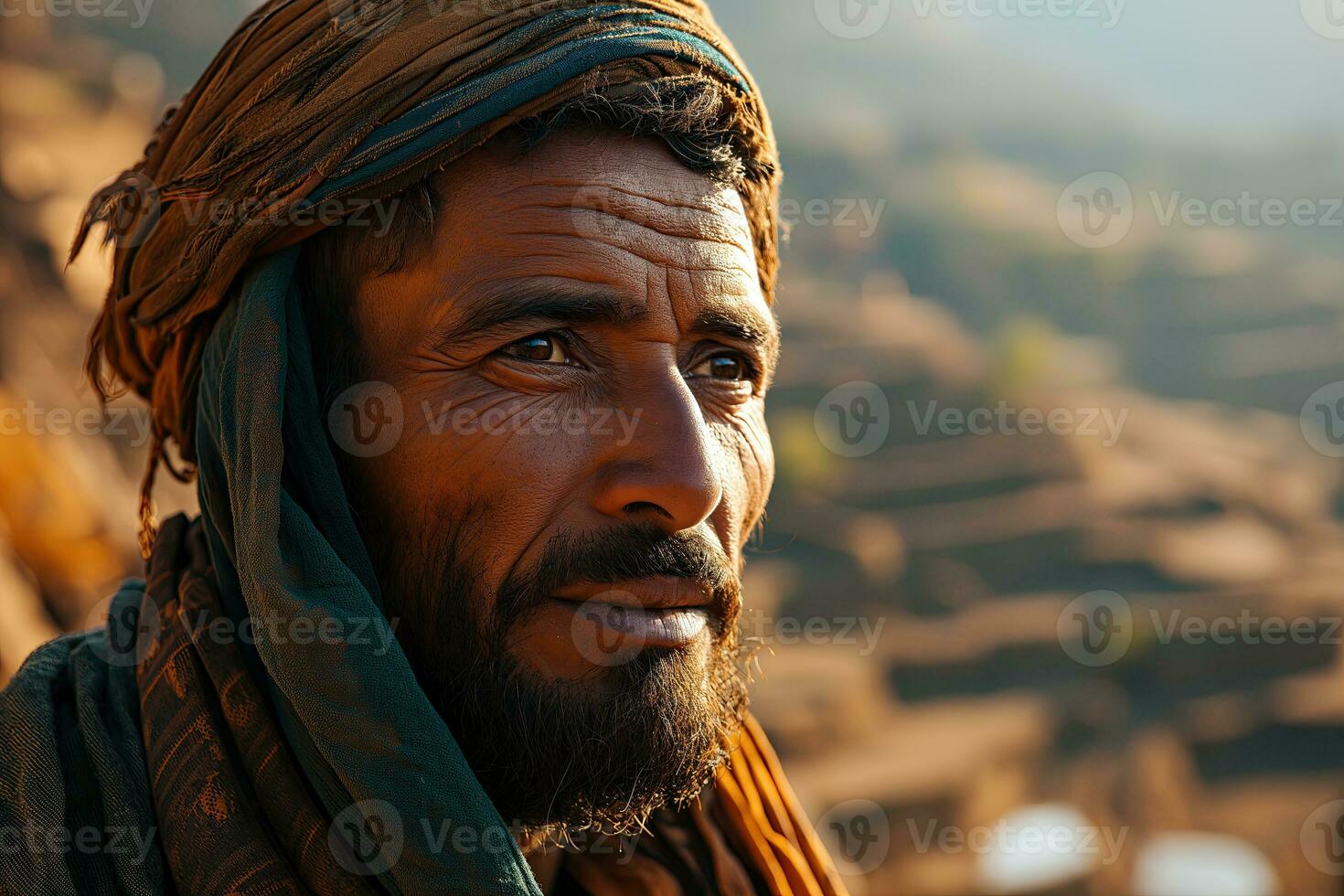 AI generated arabian rural man in national clothes against the background of a valley with agricultural terraces photo