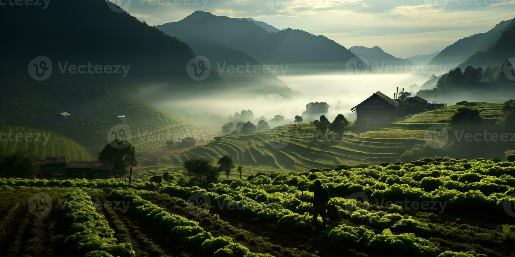 AI generated mountain valley with terraced fields in early morning fog photo