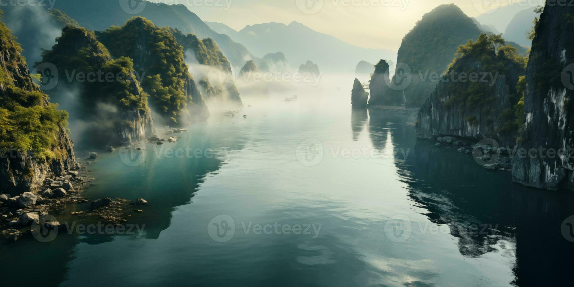 AI generated landscape, aerial view of a beautiful river valley with fog and karst rocks photo
