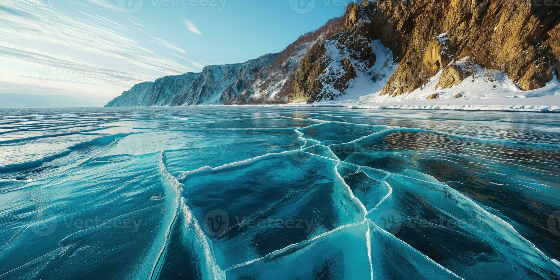 AI generated winter view of large frozen lake with mountainous coast photo