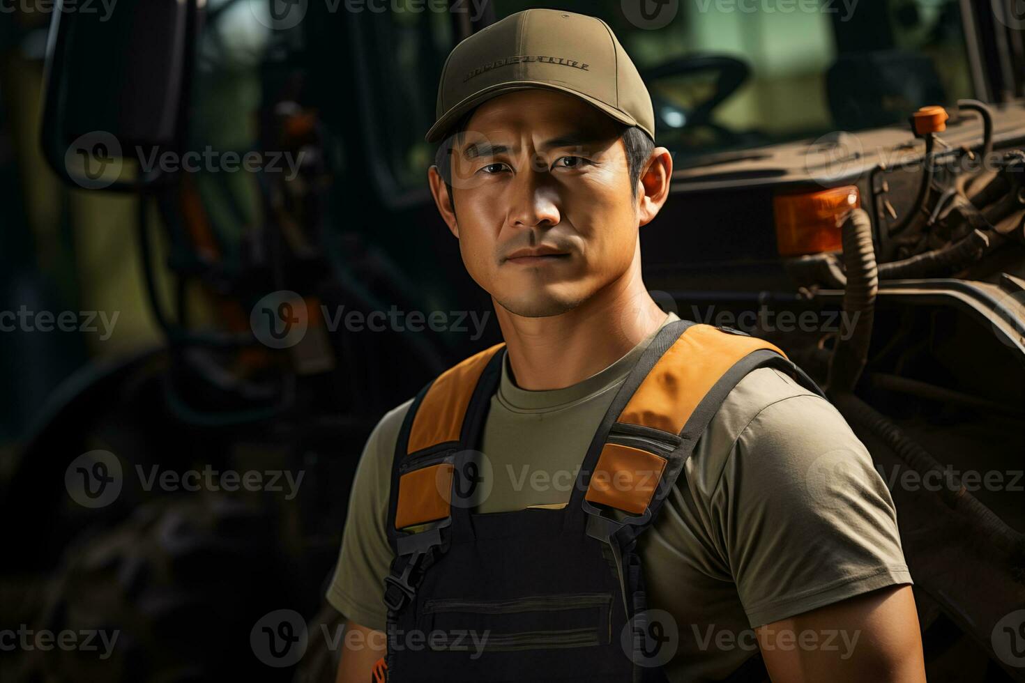 AI generated combine operator on the background of agricultural machinery photo