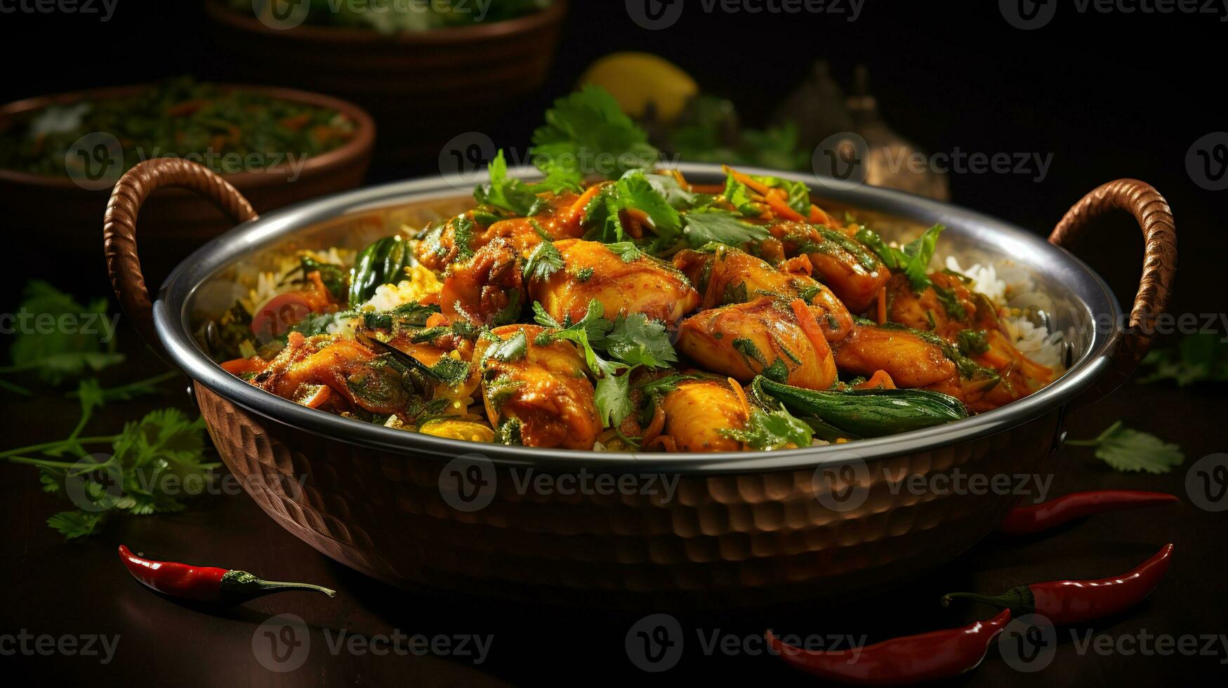 AI generated Homemade curry in plate on wooden table background Created with Generative AI photo