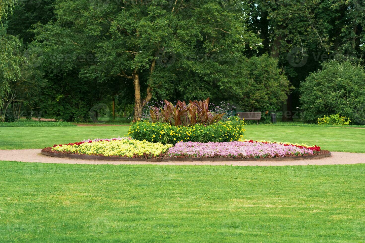 large flower bed in the middle of a lawn in a park photo