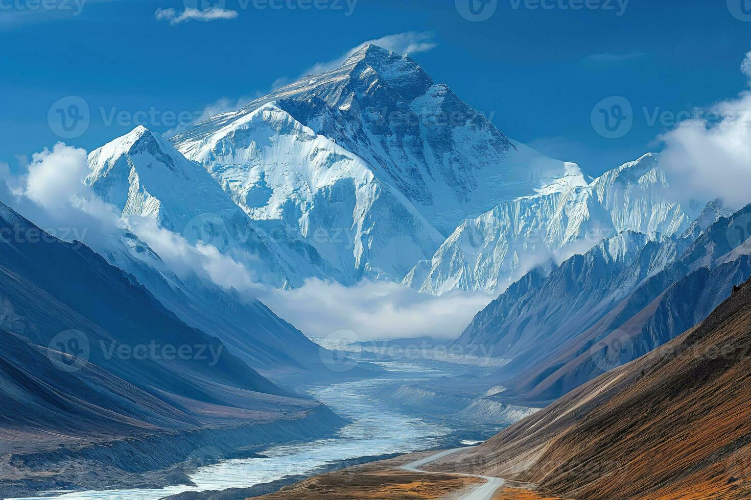 AI generated huge alpine glacier melts, giving rise to a lake of clear water photo