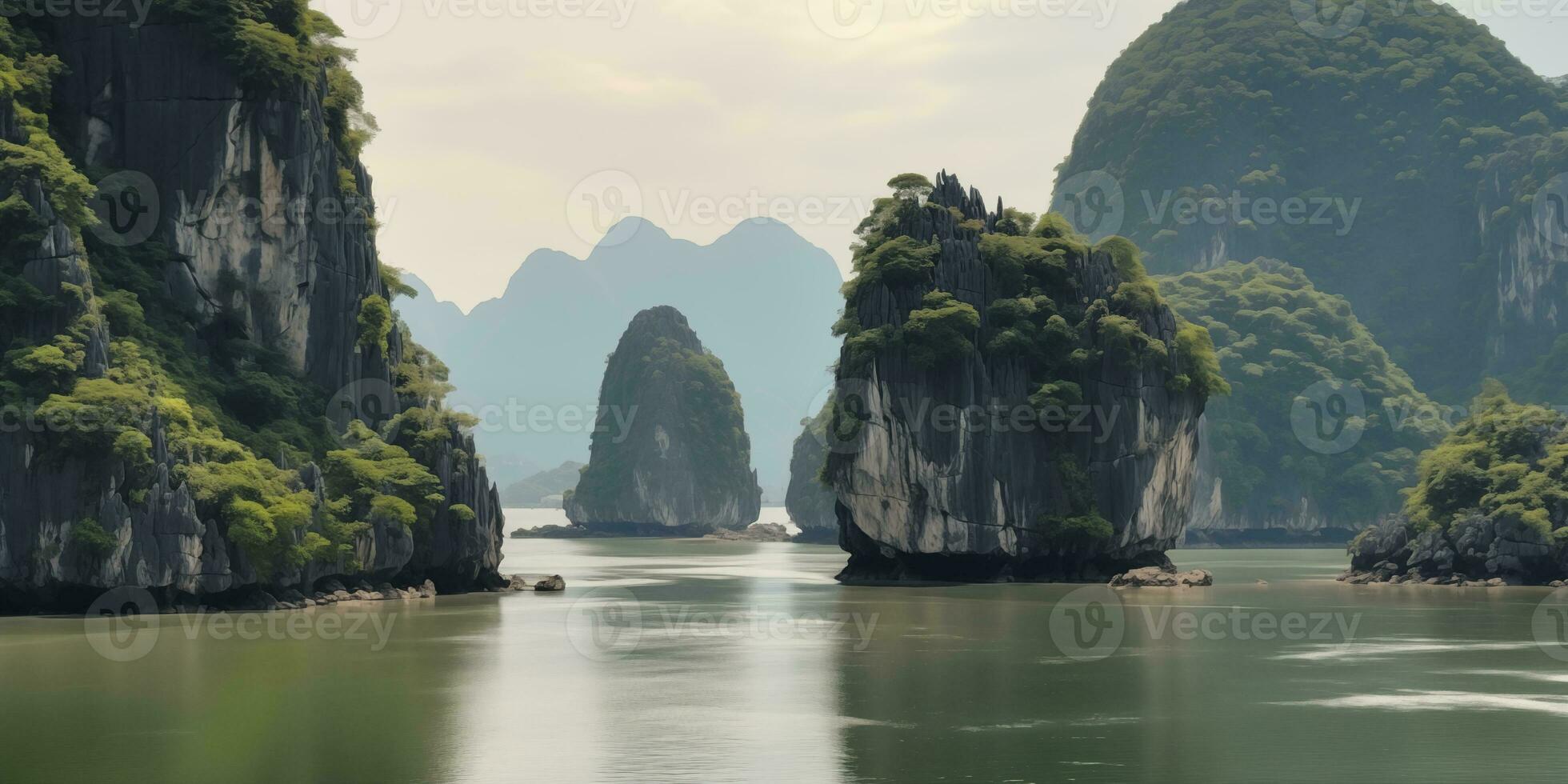 AI generated beautiful view of the sea bay with karst limestone islets and cliffs on a cloudy day photo