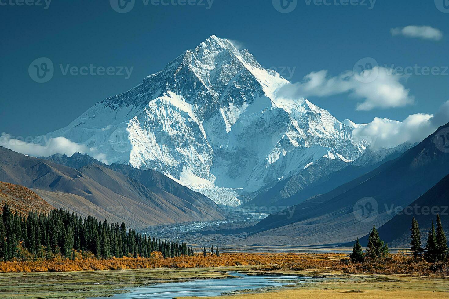 AI generated glacier melts from a majestic peak, giving rise to a mountain river photo