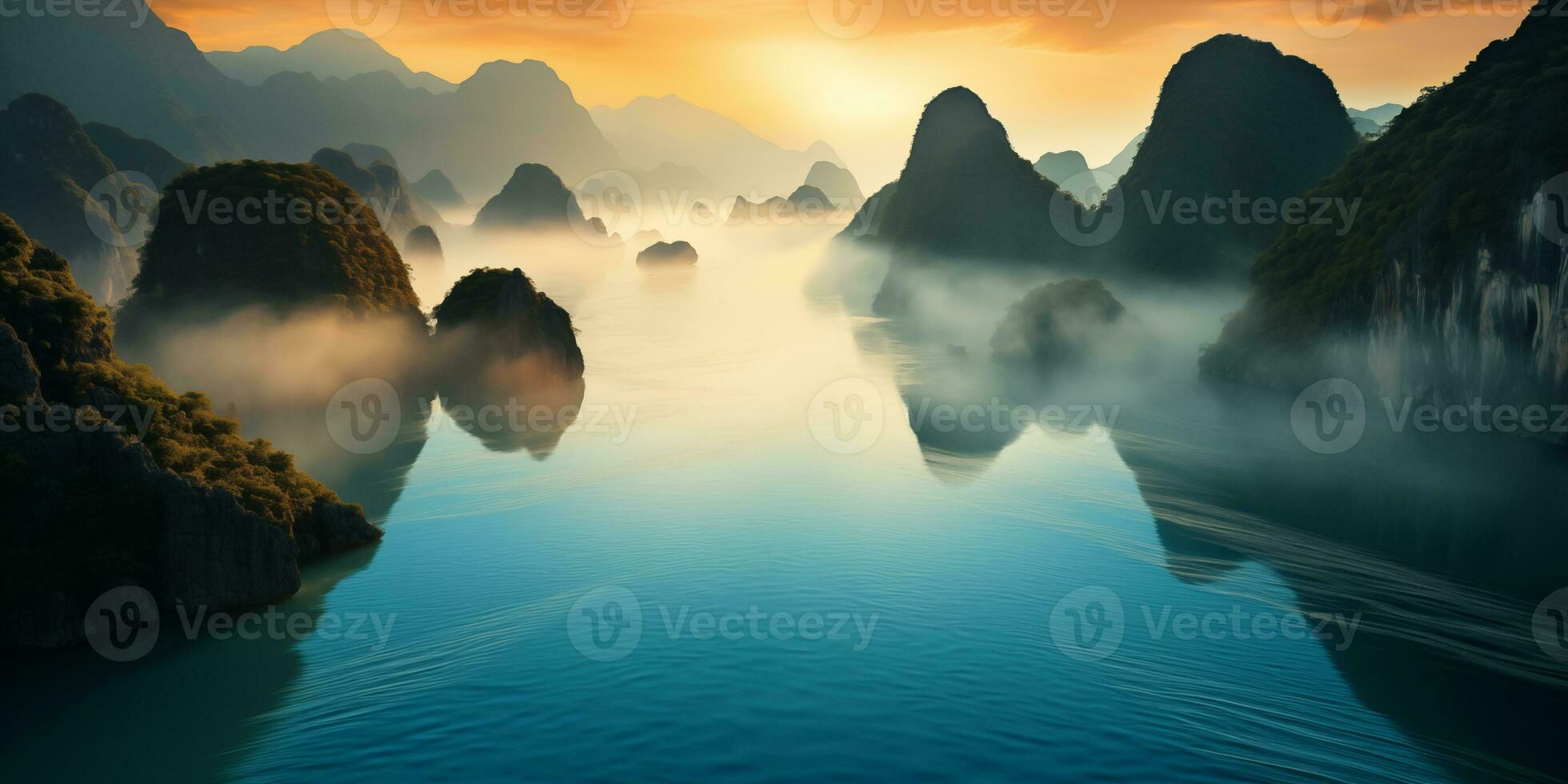 AI generated aerial predawn view of the sea bay with karst limestone islets and cliffs in morning fog photo