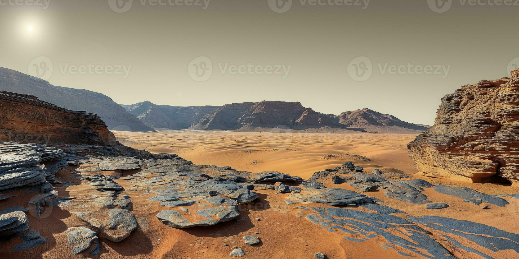 AI generated realistic landscape of the planet Mars, view from the surface photo